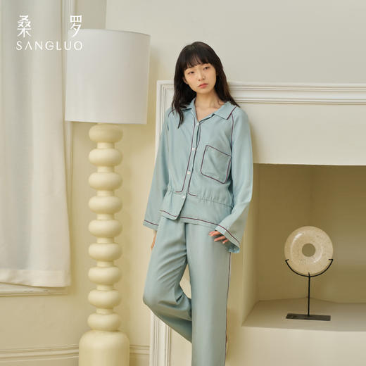 【新品】桑罗撞色翻领睡衣套装女士可调节收腰挺阔抗皱舒适柔软居家服 商品图1
