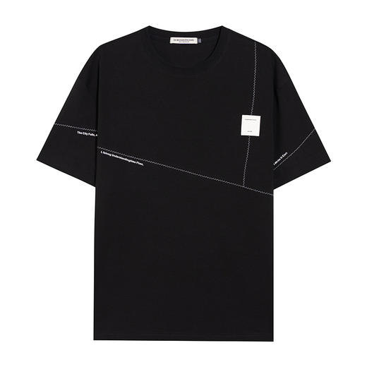 【DMH】大依优型大码短袖T恤简约百搭圆领半袖贴布线条印花加肥宽松上衣男士胖子潮流 商品图4