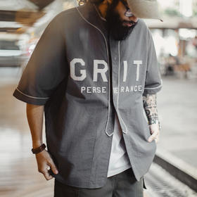 工装优选美式休闲GRIT棒球服贴布绣衬衫日系灰色薄款衬衣男春夏