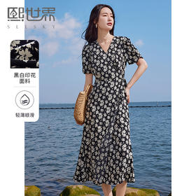 【五折购】熙世界法式复古黑色碎花连衣裙夏新款收腰长裙子显瘦V领茶歇裙