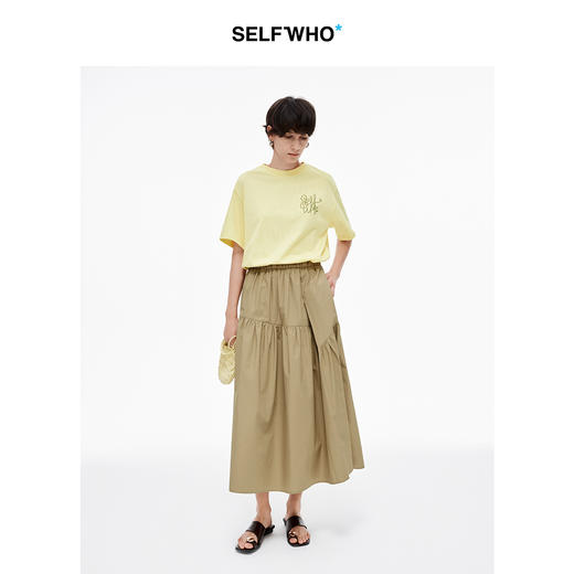 SELFWHO纯棉卡其色半身裙女2025夏新款不规则分割宽松优雅A字半裙 商品图2