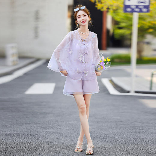 新中式国风套装，复古刺绣盘扣上衣短裤子两件套HR-GYGM2510 商品图1