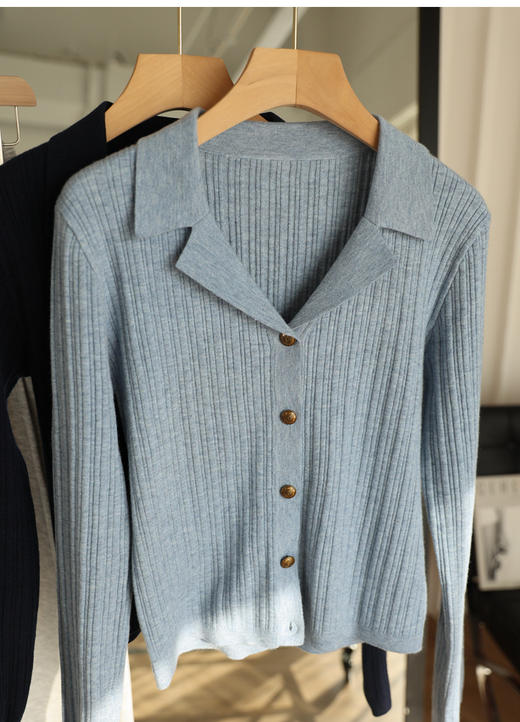 哥弟同款气质古巴领含真丝羊毛显瘦坑条针织开衫罩衫 商品图9