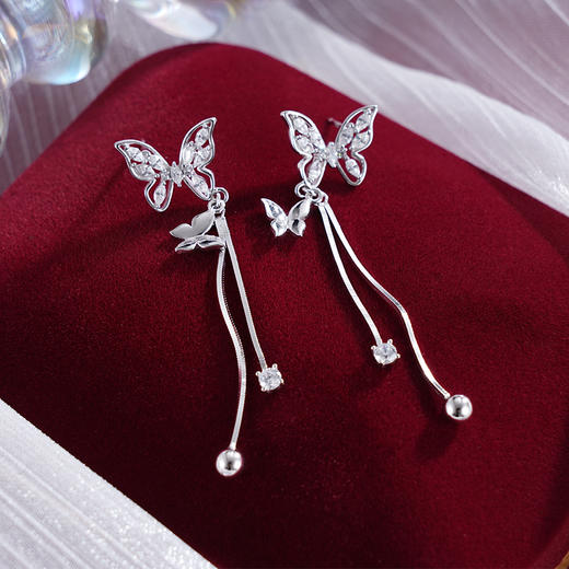 子佩集S925银【风动蝶随】耳钉【Z16842】纯银时尚蝴蝶锆石流苏耳钉2503 商品图2