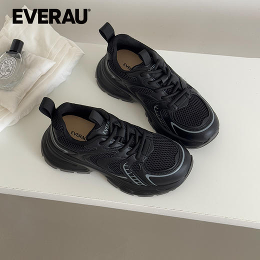 EVERAU极简主义时尚潮流黑白双色休闲牛皮网布拼接老爹鞋EA5061 商品图3