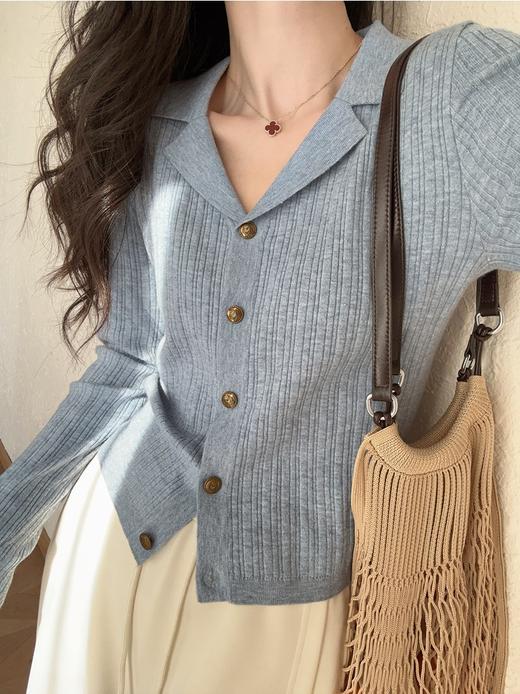 哥弟同款气质古巴领含真丝羊毛显瘦坑条针织开衫罩衫 商品图1