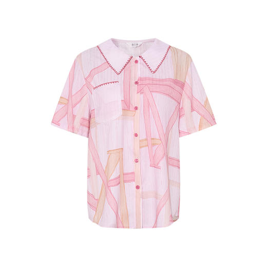 两三事梵高文艺柔雾晨光2025夏季新款抽象印花绣边翻领短袖衬衫女 商品图4