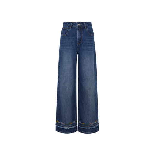 两三事 疾风步履 2025夏季新款复古绣花流苏裤脚口直筒牛仔裤女 商品图4