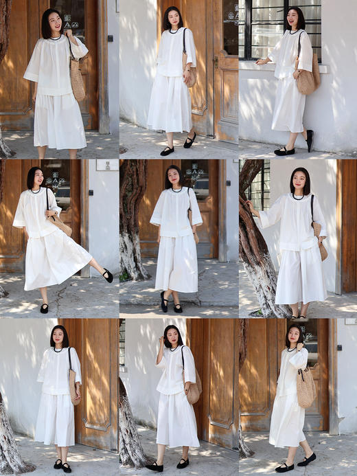 HIDEMI【当当同款】 浅春系甄选长绒棉极简设计感花苞压褶圆领廓形衬衫裙裤套装 白色/有机青柠绿  衬衫/裙裤 商品图3