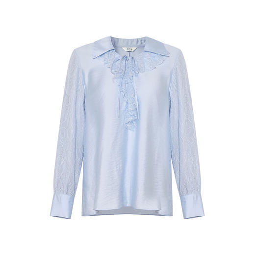 两三事雾霭芭蕾2025夏季新款法式蕾丝荷叶边拼接绑带长袖雪纺衫女 商品图4