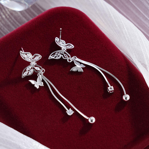 子佩集S925银【风动蝶随】耳钉【Z16842】纯银时尚蝴蝶锆石流苏耳钉2503 商品图5