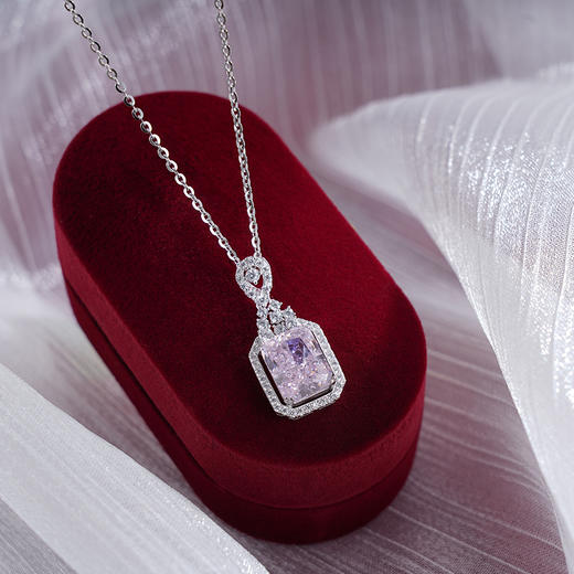子佩集S925银【粉红之恋】套链【YL-6815】纯银项链时尚粉色方块冰花切锆石2503 商品图3