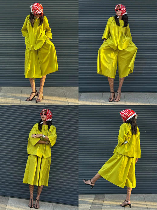 HIDEMI【当当同款】 浅春系甄选长绒棉极简设计感花苞压褶圆领廓形衬衫裙裤套装 白色/有机青柠绿  衬衫/裙裤 商品图2