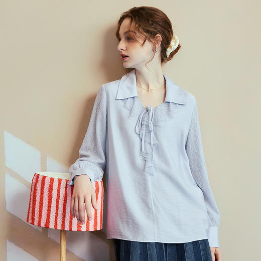 两三事雾霭芭蕾2025夏季新款法式蕾丝荷叶边拼接绑带长袖雪纺衫女 商品图1