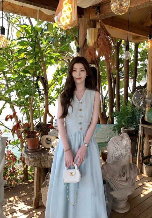 【GZ】无忧购洋气奶蓝小香感气质收腰a字连衣裙6771-5#（截单后7天发货) 商品图1