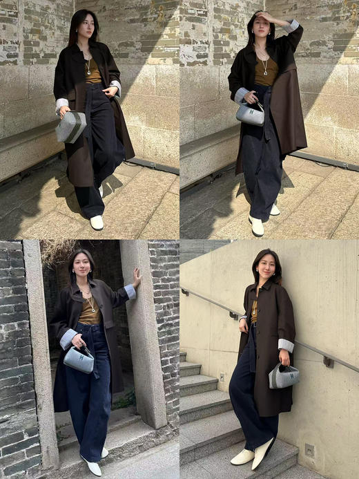 HIDEMI 经典复古廓形设计感羊毛条纹翻边飘领设计感长款风衣外套 商品图2