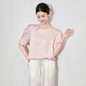 【高货wl】全新升级【铂金会员257/天猫339/差价82】(55657) 洛诗琳新中式国风精仿提花醋酸缎上衣女夏盘扣短袖T恤