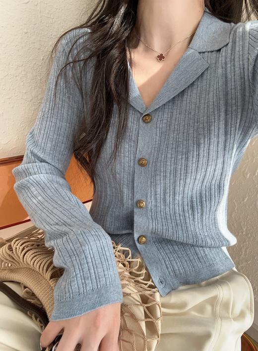 哥弟同款气质古巴领含真丝羊毛显瘦坑条针织开衫罩衫 商品图3