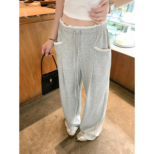 <曾小咸推荐>设计感蕾丝花边拼接休闲裤宽松垂感 商品图0