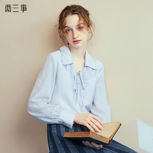 两三事雾霭芭蕾2025夏季新款法式蕾丝荷叶边拼接绑带长袖雪纺衫女 商品图0