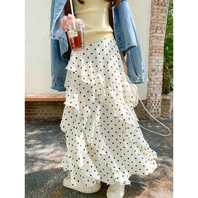 <曾小咸推荐>设计感杏色波点甜美花边高腰半身裙