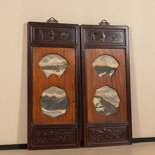 清 红木镶云石博古图挂屏（一对） 商品图4