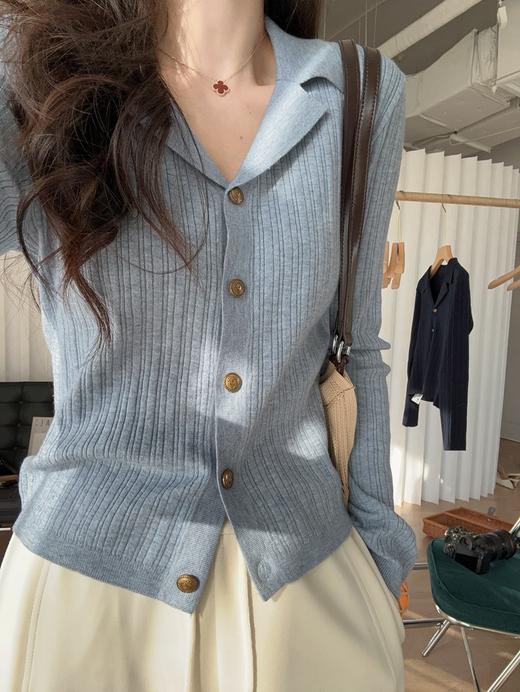 哥弟同款气质古巴领含真丝羊毛显瘦坑条针织开衫罩衫 商品图7