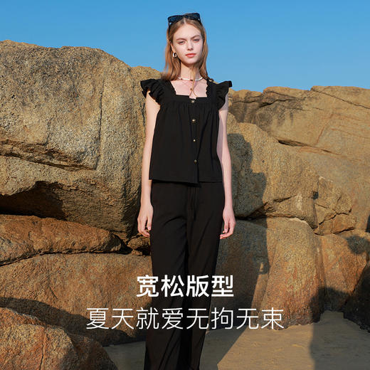 三彩2025夏季新款两件套休闲飞飞袖衬衫套装高腰阔腿裤长裤宽松女 商品图2