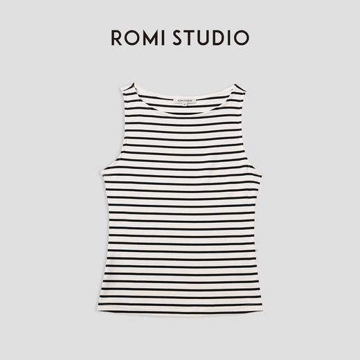 ROMI STUDIO“法式复古”优雅黑杏撞色条纹修身针织吊带背心T3788 商品图0