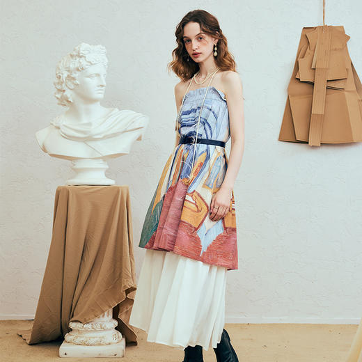 两三事梵高文艺艺术长廊2025夏季新款复古印花抽绳绑带两穿半身裙 商品图1