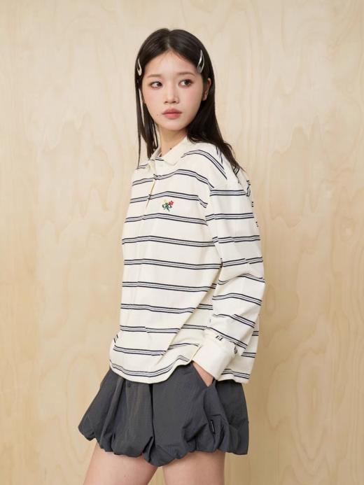 MoodLikeMe/MPL2501/条纹刺绣花朵长袖polo衫 商品图1