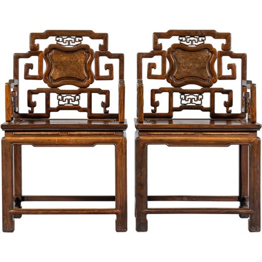 二十世纪 红木镶瘿木攒接拐子纹扶手椅（一对） 商品图5