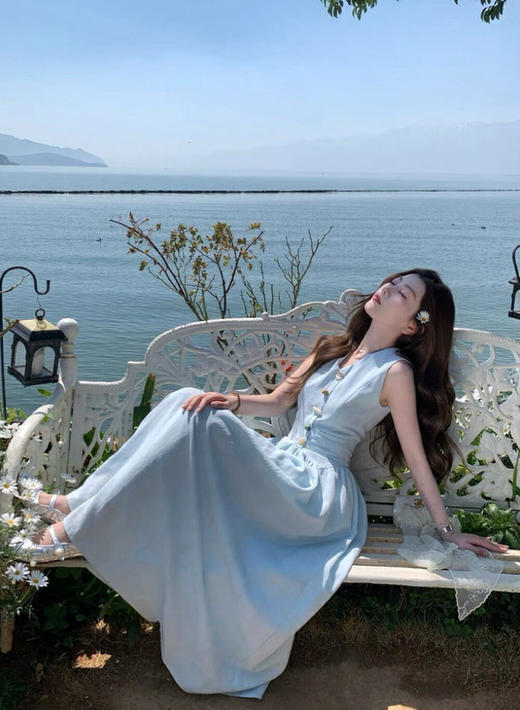 【GZ】无忧购洋气奶蓝小香感气质收腰a字连衣裙6771-5#（截单后7天发货) 商品图3