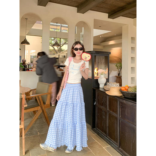 <曾小咸推荐>小清新蓝色格子高腰A字长款半身裙 商品图3