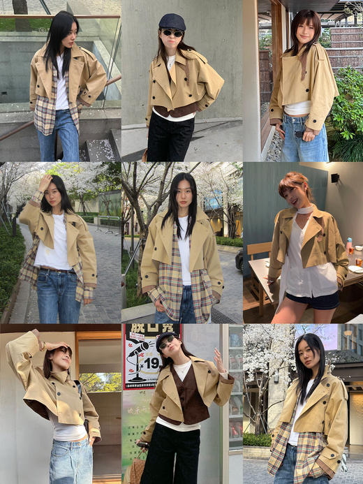 HIDEMI超重工极简翻领设计感格纹拼接军装风短款风衣 商品图2