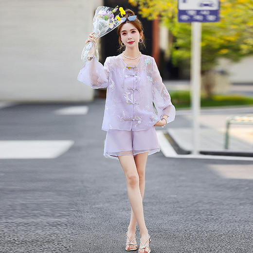 新中式国风套装，复古刺绣盘扣上衣短裤子两件套HR-GYGM2510 商品图2