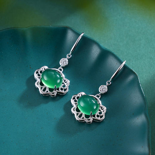 子佩集S925银【寒烟锁翠】耳环【ES012494】纯银玉髓绿玉髓锁2503 商品图1