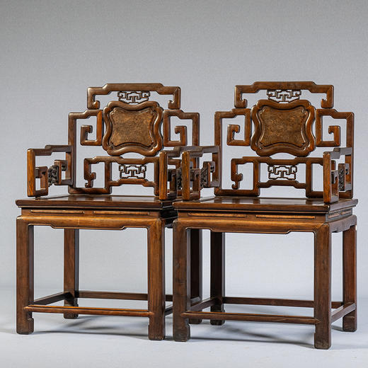 二十世纪 红木镶瘿木攒接拐子纹扶手椅（一对） 商品图4