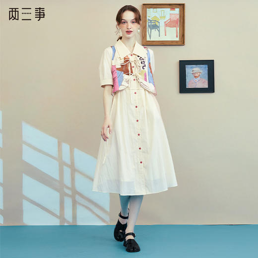 两三事 晨昏画意 2025夏季新款复古印花布拼接假两件连衣裙长裙 商品图0