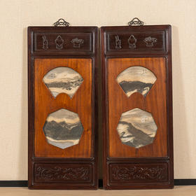 清 红木镶云石博古图挂屏（一对）