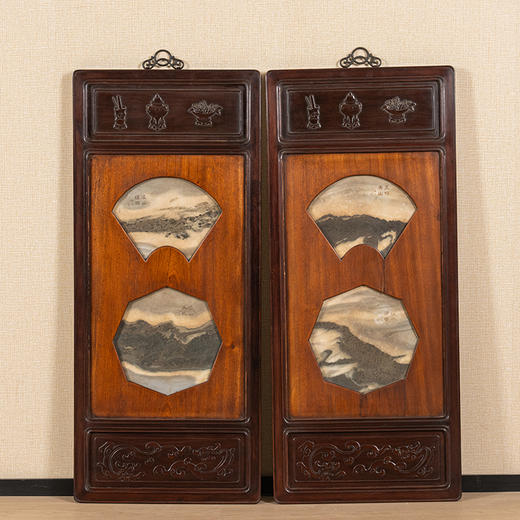 清 红木镶云石博古图挂屏（一对） 商品图0