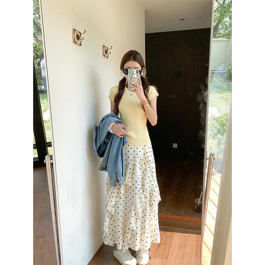 <曾小咸推荐>设计感杏色波点甜美花边高腰半身裙 商品图1