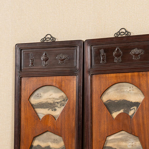 清 红木镶云石博古图挂屏（一对） 商品图1