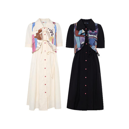 两三事 晨昏画意 2025夏季新款复古印花布拼接假两件连衣裙长裙 商品图4