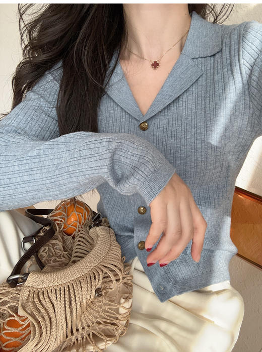 哥弟同款气质古巴领含真丝羊毛显瘦坑条针织开衫罩衫 商品图8