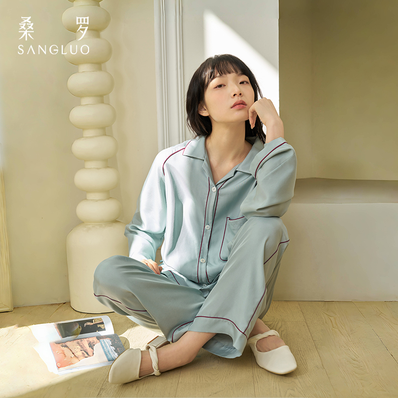 【新品】桑罗撞色翻领睡衣套装女士可调节收腰挺阔抗皱舒适柔软居家服