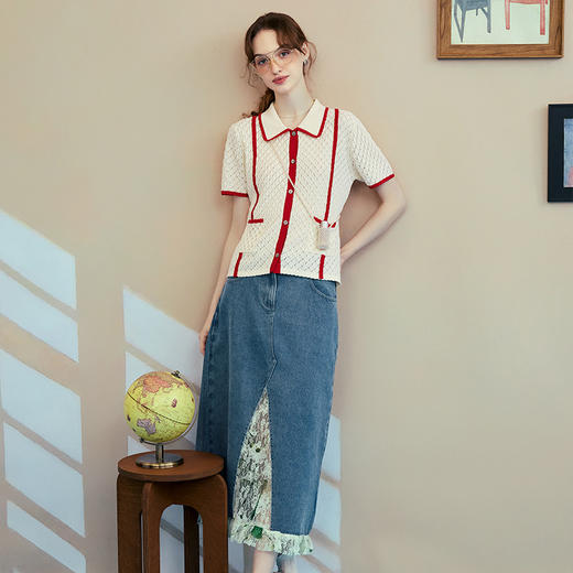 两三事 织羽锋华 2025夏季新款复古拼色镂空针织开衫女宽松 商品图1