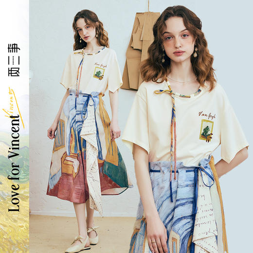 两三事梵高文艺 弦外智音 2025夏季新款彩绳绑带领印花短袖t恤女 商品图0
