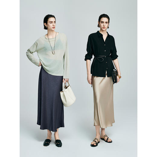 棉仓363617022-初棉褶皱肌理缎面A字及踝半身裙 商品图4