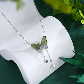 子佩集S925银【翠蝶画境】套链【YL-5424】纯银项链时尚和田碧玉蝴蝶珍珠2503